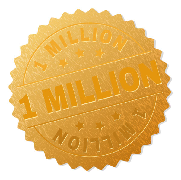 Golden 1 MILLION Medal Stamp 1 MILLION gold stamp seal. Vector gold medal of 1 MILLION text. Text labels are placed between parallel lines and on circle. Golden surface has metallic texture.